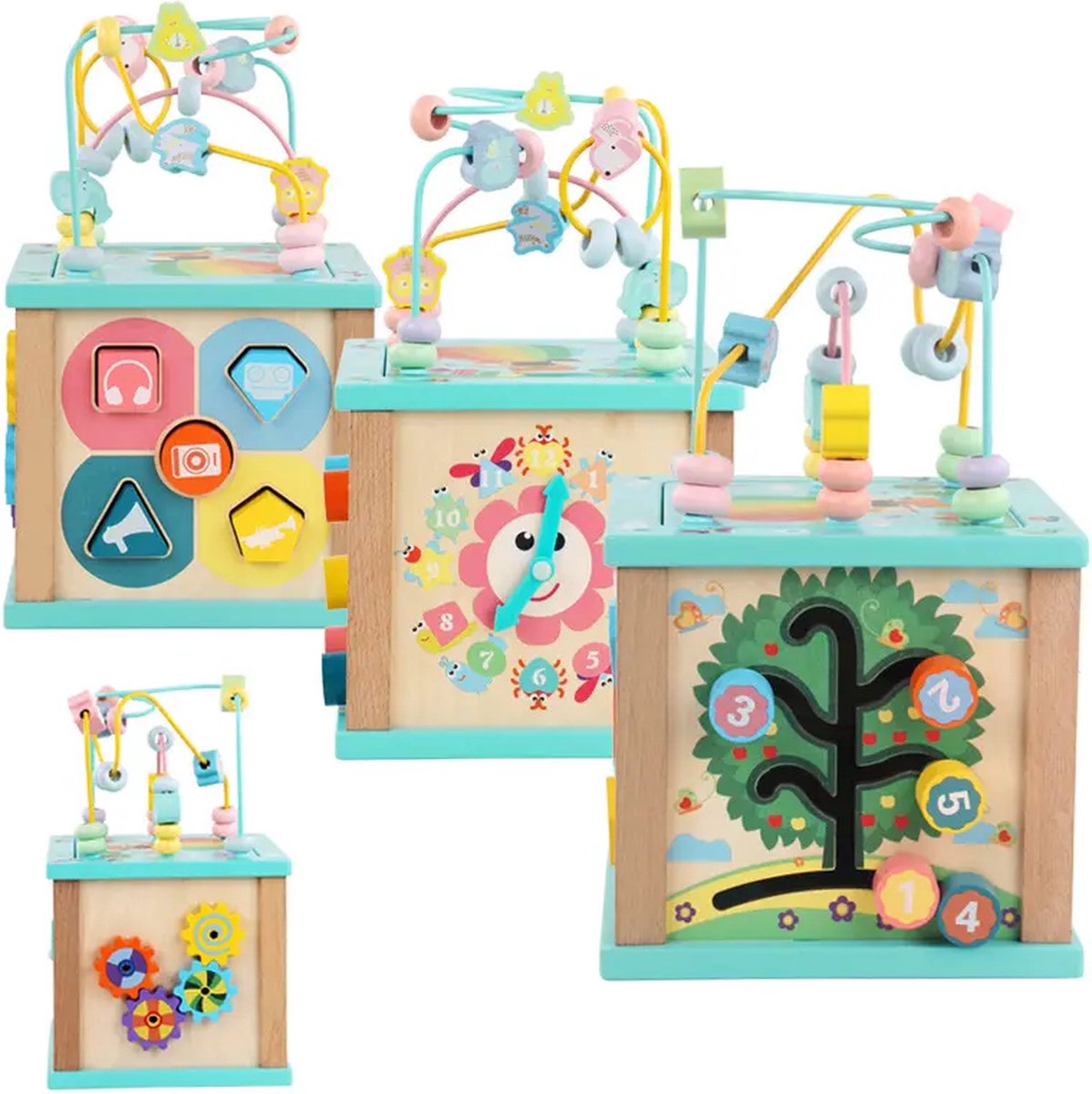 KidKraft 63298 Deluxe Activity Cube, houten kubus met kralendoolhof, voor baby's en grotere kinderen om kleuren, vormen, letters en getallen te leren kennen