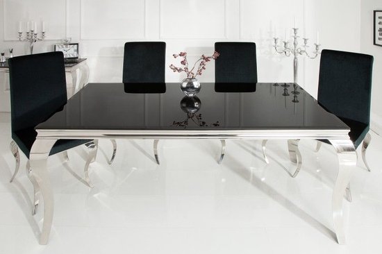 Elegante design eettafel MODERN BAROK 180cm zwart roestvrijstalen opaalglas tafelblad - 36544