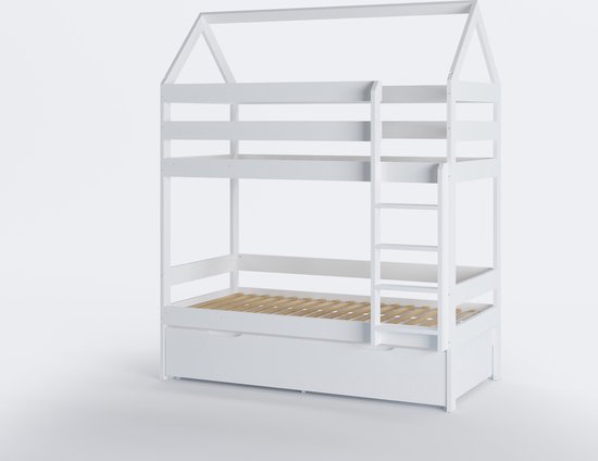 Lit superposé - lit cabane blanc - 80x160 cm - avec tiroir de lit