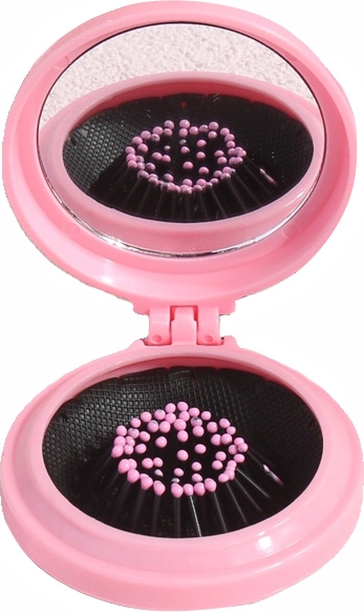 Mini Haarborstel / Spiegel Inklapbaar - Roze | 7,3 x 6,5 x 2,6 cm | Fashion Favorite