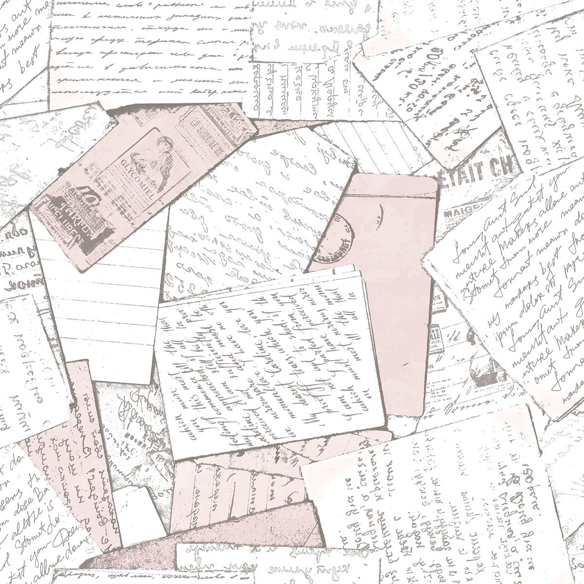 Behang Vintage brieven - romantisch - landelijk - letters - Hashtag - Vliesbehang - Behang slaapkamer - Roze - 10 x 0.53 M.