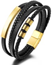 Armband Heren - Zwart Leer met Goud kleurige Accenten - Dubbel Gevlochten Leder - Leren Armbanden - Cadeau voor Man - Mannen Cadeautjes