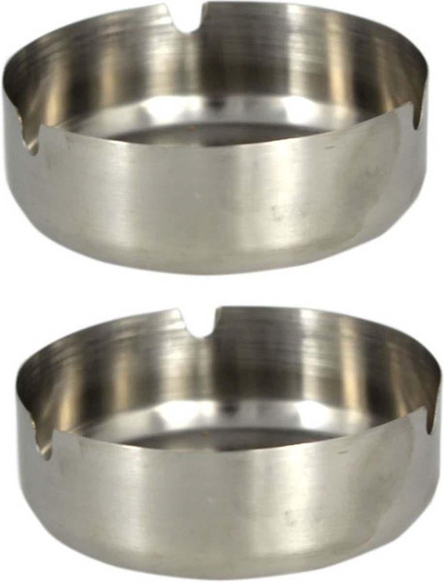 Goedkoopste Duo Set van 2x stuks Asbakken rond RVS grijs 9 x 3 cm - Buiten Asbak - Asbakken - Tafelasbak - van Heble®