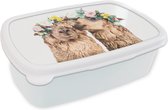 Broodtrommel Wit - Lunchbox - Brooddoos - Alpaca - Bloemen - Dieren - Natuur - 18x12x6 cm - Volwassenen