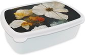 Broodtrommel Wit - Lunchbox - Brooddoos - Bloemen - Planten - Zwart - Wit - 18x12x6 cm - Volwassenen
