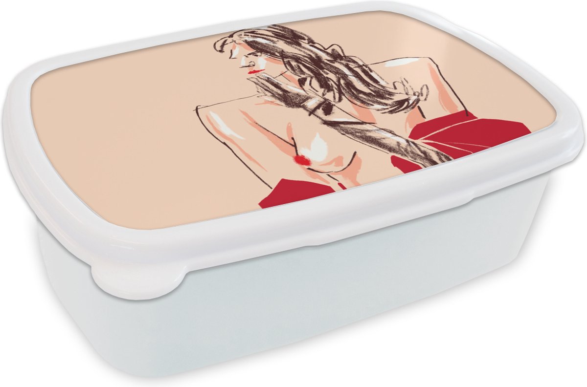 Broodtrommel Wit - Lunchbox - Brooddoos - Vrouw - Portret - Pastel - Rood - 18x12x6 cm - Volwassenen