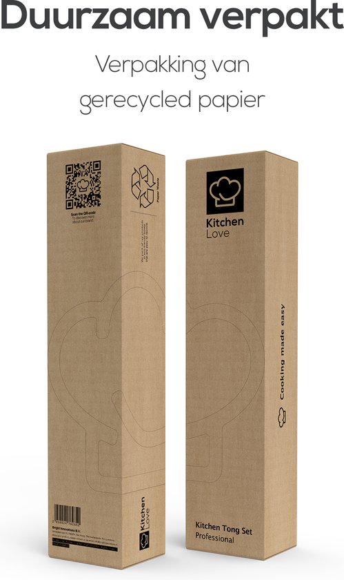 Deux boîtes en carton marron avec le logo KitchenLove. Le texte mentionne "Emballage durable" et "Emballage en papier recyclé".
