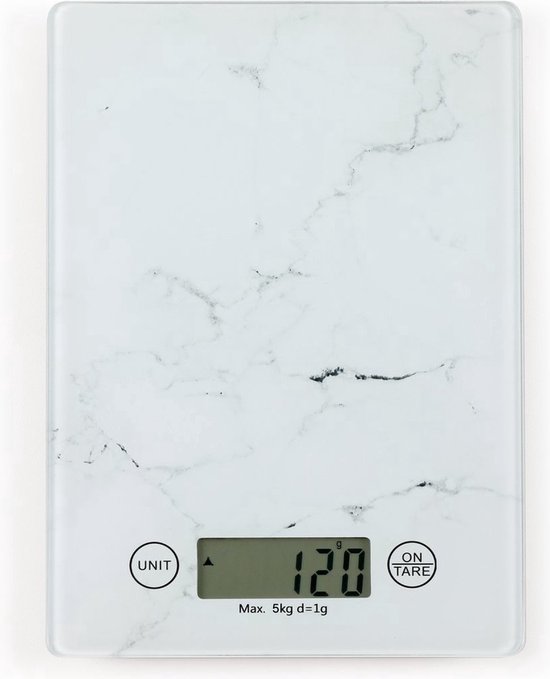 Keukenweegschaal - Glas - Marmerlook - Wit - Tara functie - Tot 5KG - Deluxe - Incl. Baterijen