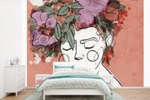 Behang - Fotobehang Portret - Vrouw - Bloemen - Pastel - Breedte 450 cm x hoogte 300 cm - Behangpapier