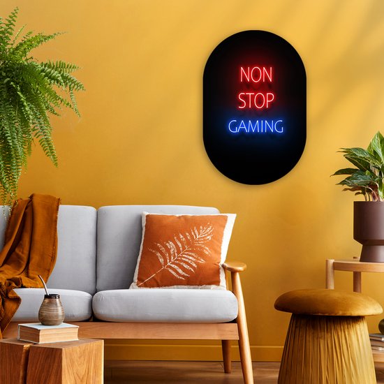 Muurovaal - Wandovaal - Kunststof Wanddecoratie - Ovalen Schilderij - Tekst - Gaming - Non stop gaming - Neon - Zwart - 40x60 cm - Ovale spiegel vorm op kunststof