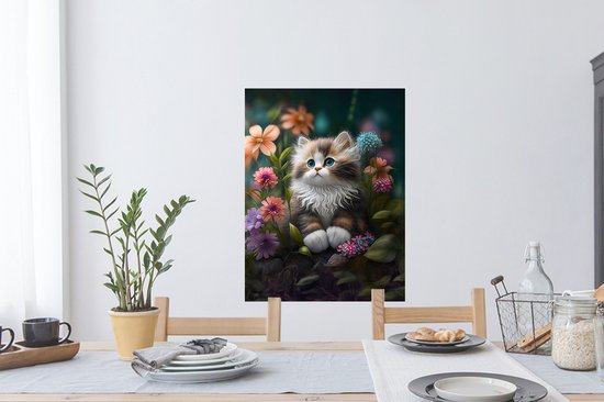 Stickers muraux - Film autocollant - Chaton - Illustration - Fleurs - Nature - Chat - 60x80 cm - Film adhésif - Stickers muraux Chambre d'enfant - Papier peint autocollant