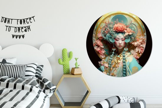 WallCircle - Cercle mural - Cercle mural - Femme - Fleurs - Rose - Portrait - Asiatique - Aluminium - Dibond - 120x120 cm - Intérieur et Extérieur XXL