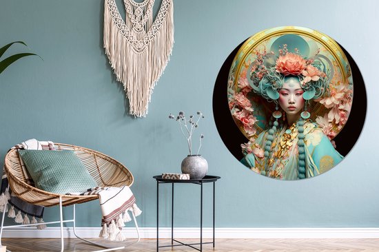 WallCircle - Cercle mural - Cercle mural - Femme - Fleurs - Rose - Portrait - Asiatique - Aluminium - Dibond - 120x120 cm - Intérieur et Extérieur XXL