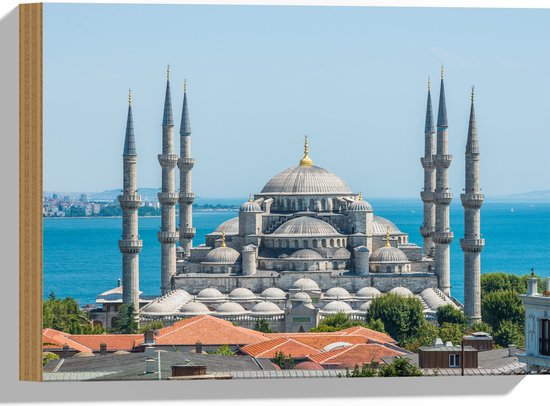 Hout - Sultan Ahmet Moskee aan de Zee van Turkije - 40x30 cm - 9 mm dik - Foto op Hout (Met Ophangsysteem)