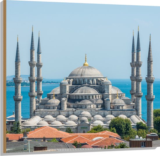 Hout - Sultan Ahmet Moskee aan de Zee van Turkije - 100x100 cm - 9 mm dik - Foto op Hout (Met Ophangsysteem)