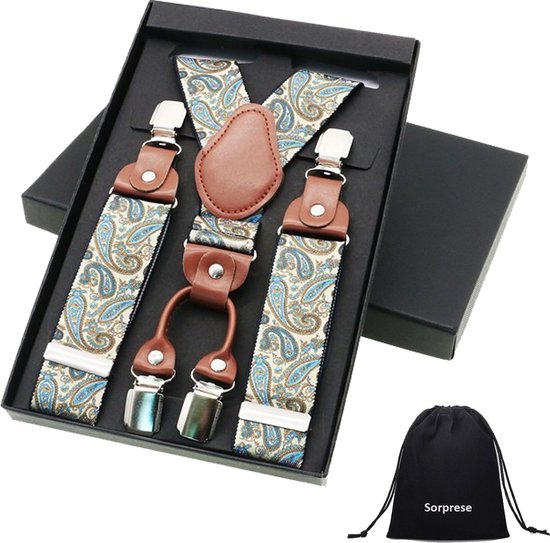 Bretelles chics Luxe - Design cachemire crème - Sorprese - cuir marron moyen - 4 clips robustes - bretelles pour hommes - unisexe