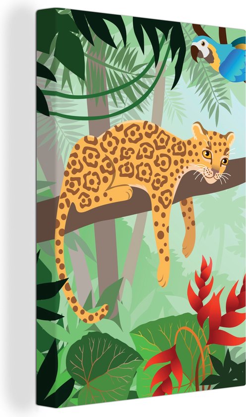 Canvas Schilderij Jungle dieren - Toekan - Jongens - Meiden - Luipaard - 60x90 cm - Wanddecoratie