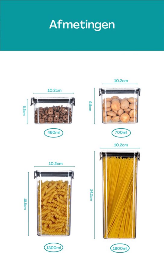 Voorraadpotten – Set Van 8 Stuks – Meal Prep Bakjes - Vershoudbakjes - Opbergbak - Voorraadbussen – Bewaardozen – Luchtdicht – BPA-Vrij - Afbeelding 5