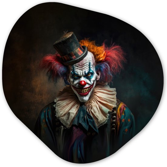 Organische Wanddecoratie - Kunststof Muurdecoratie- Organisch Schilderij - Clown - Hoed - Kraag - Portret - Killer clown- 90x90 cm - Organische spiegel vorm op kunststof