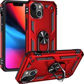 Hoesje Geschikt voor Apple iPhone 13 mini Stevige Magnetische Anti shock ring back cover case- schokbestendig-TPU met stand + gratis screenprotector kleur Rood