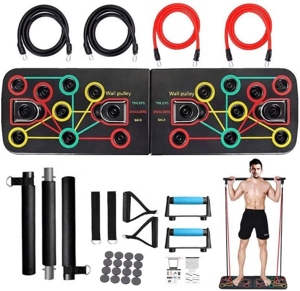 JT Products Push Up Bord – Inclusief Pilates Bar en Weerstandsbanden – Krachttraining - Opdruk Bord Fitness – Push Up Grips – Push up Bars – Home Gym – Thuis Fitness – Halterstang – Barbell - Pilates Stick – Resistance Band – Opdruksteunen - Crossfit - JT Products