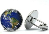Wereldkaart Manchetknopen Heren Zilver Kleurig - Rond - Globe - Cufflinks - Cadeau voor Man - Mannen Cadeautjes