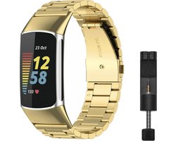 MY PROTECT - Luxe Metalen Bandje Geschikt Voor Fitbit Charge 5 / Charge 6 - Schakel Band - Goud