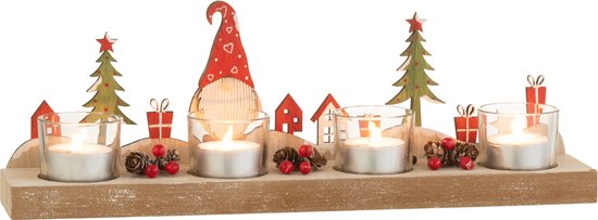 J-Line theelichthouder Kerstmis 4 Stukken - hout/metaal - mix - kerstversiering