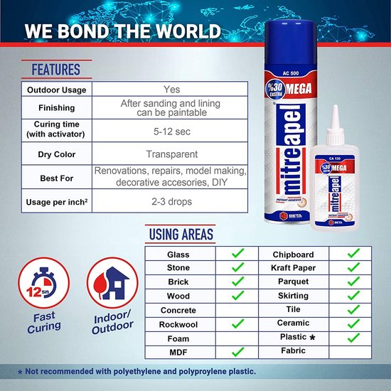 Secondelijm set met activator 400ml 2 componentenlijm super glue