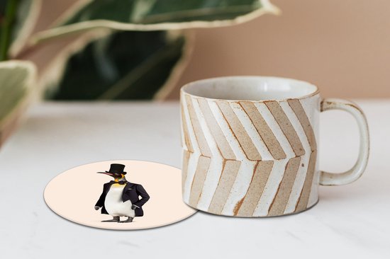 Sous-verres pour verres - Rond - Pingouin - Animal - Chapeau - Zwart - 10x10 cm - Sous-verres en verre - 6 pièces