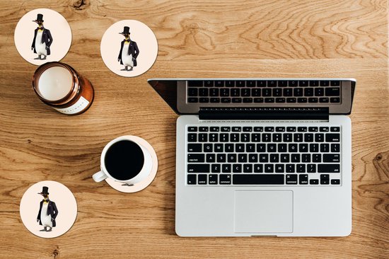 Sous-verres pour verres - Rond - Pingouin - Animal - Chapeau - Zwart - 10x10 cm - Sous-verres en verre - 6 pièces