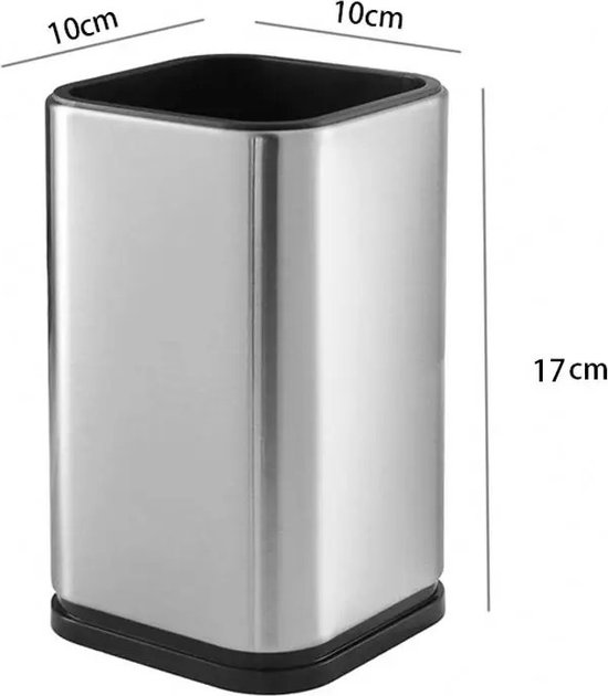 Roestvrijstalen houder van 10x10x17 cm met zwarte bodem.