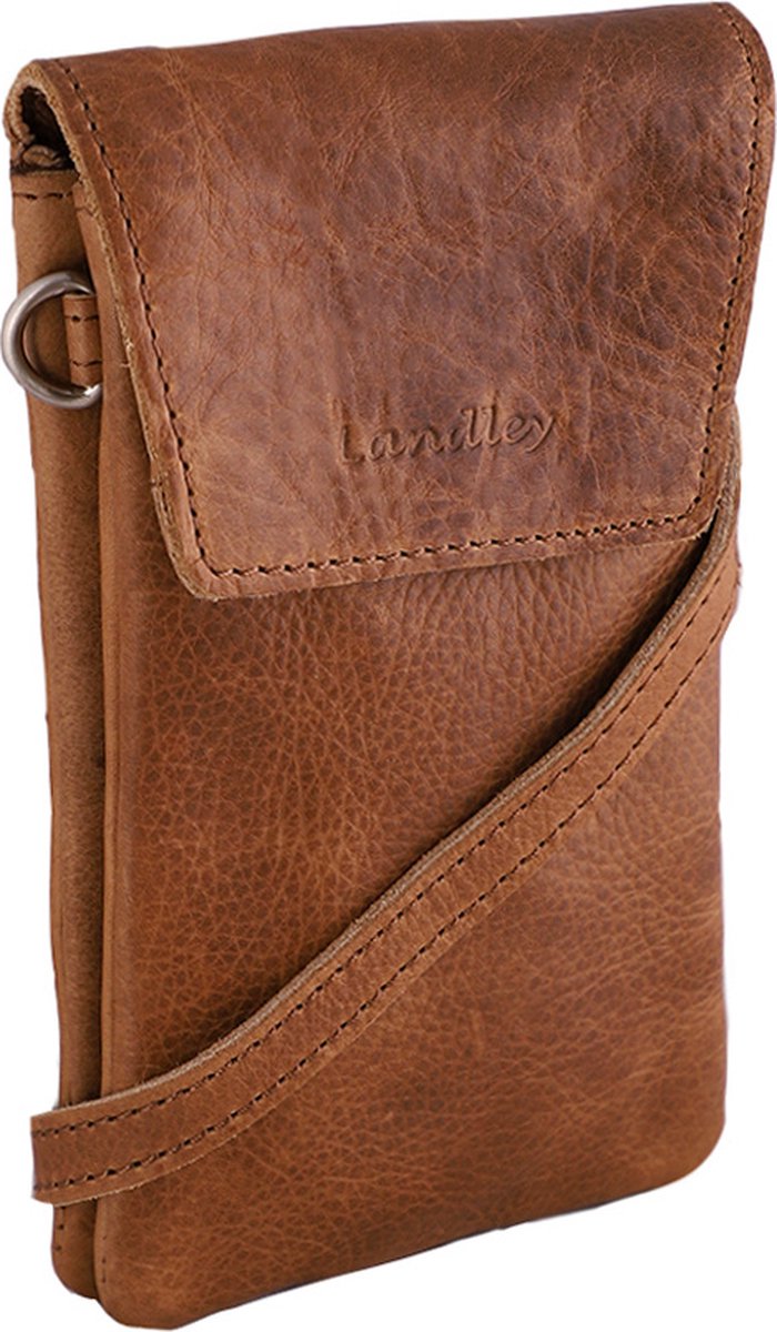 Landley Leren Dames Telefoontasje - Klein Schoudertasje - Phone Wallet - Antique Vintage Leer - Cognac