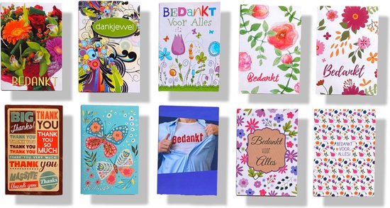 Cards & Crafts 10 Luxe Bedankt Kaartjes - 12x17cm - Gevouwen Wenskaarten met enveloppen