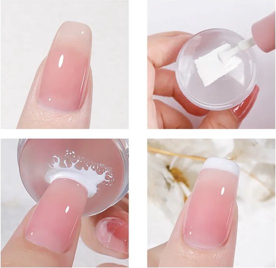 Vier panelen die de toepassing van een nagelstempel demonstreren.
