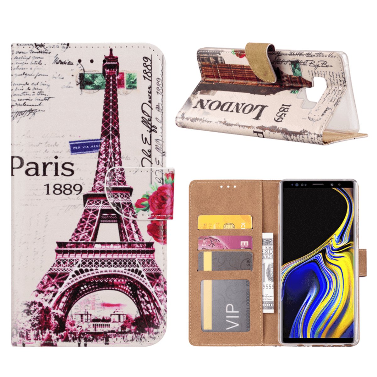 City hoesje bookcase geschikt voor Samsung Note 9 –Pasjeshouder Parijs
