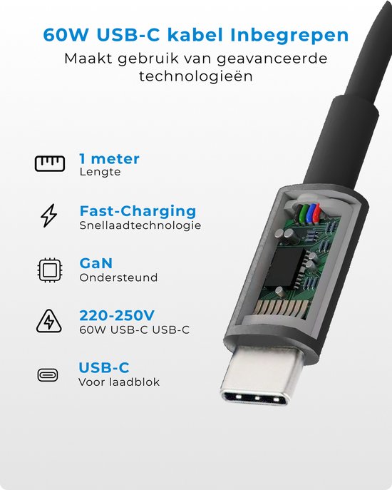 Voomy Snellader 33W + USB-C Kabel - Oplader geschikt voor Apple iPhone 11, 12, 13, 14, 15 & Samsung S20, S21, S22, A53 - USB-C & USB-A Poort - Adapter Universeel - Zwart - Voomy