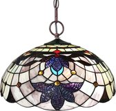 HAES DECO - Tiffany Hanglamp Ø 45x23 cm Beige Metaal Glas Bloemen Hanglamp Eettafel Hanglampen Eetkamer Glas in Lood