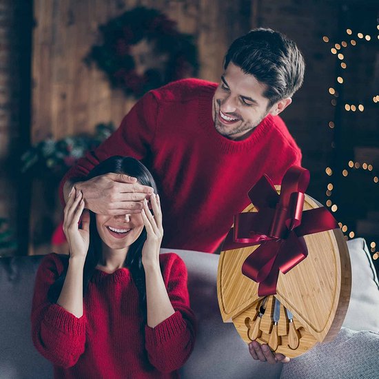 Bamboe Kaasplank met Kaasmessen Set en Verwijderbare Leisteen – Bamboo Cheese Board Set – Ronde Kaasplaat van Hout met 4 Messen – Beste Cadeau voor Kerstmis, Bruiloft of Jubileum – BlauKe