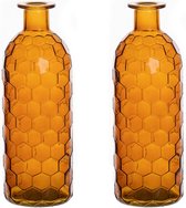 Bellatio Design Bloemenvaas - 2x - oranje - transparant glas honingraat - D7 x H20 cm - vaas