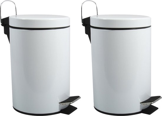 MSV Prullenbak/pedaalemmer - 2x - metaal - wit - 3 liter - 17 x 25 cm - Badkamer/toilet