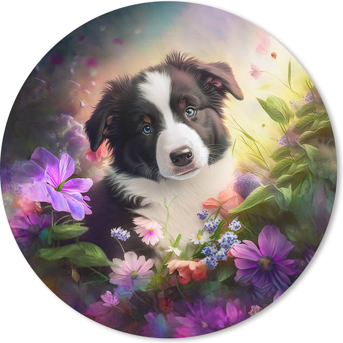 Muismat rond 30x30 cm - Mousepad Puppy - Zon - Bloemen - Natuur - Bordercollie - Hond - Ronde muismatten