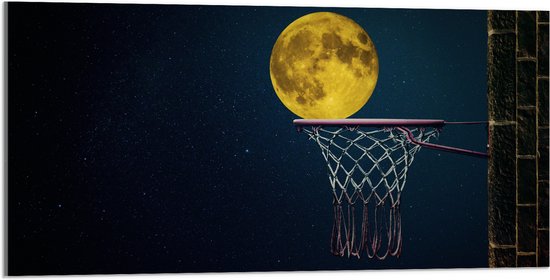 Acrylglas - Maan met Gele Gloed in Basketbal Net - 100x50 cm Foto op Acrylglas (Wanddecoratie op Acrylaat)