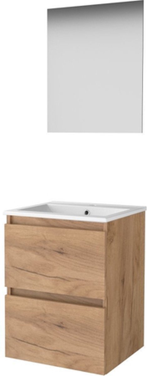 Basic-Line Ultimate 46 badkamermeubelset - 50x46cm - greeploos - 2 lades - porseleinen wastafel - 1 kraangat - Spiegel - verlichting MFC Whisky Oak