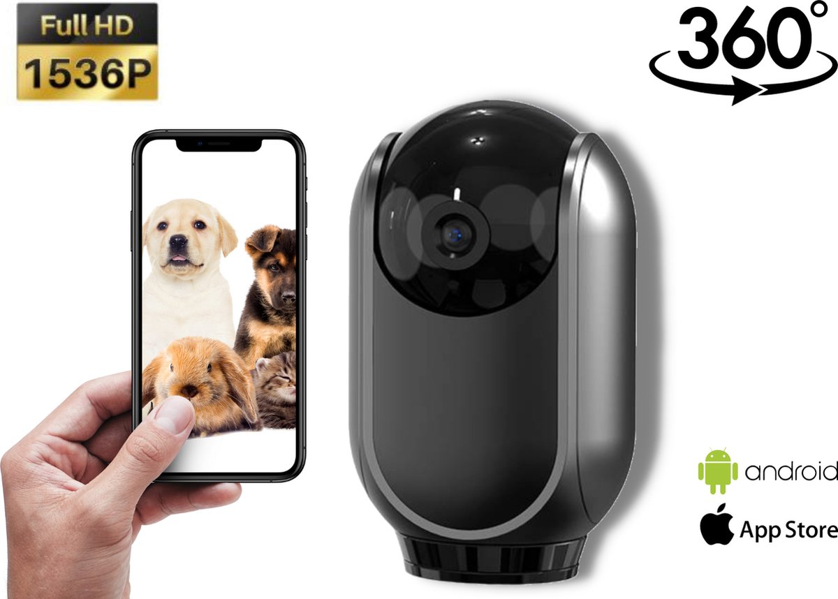 Huisdiercamera 3MP/2K - Huisdierencamera + 64gb opslag - Indoor camera - 360 Camera - Babyfoon camera - Pan en tilt camera - 1536P - Infrarood Nachtzicht - Bewegingsdetectie - Volgfunctie
