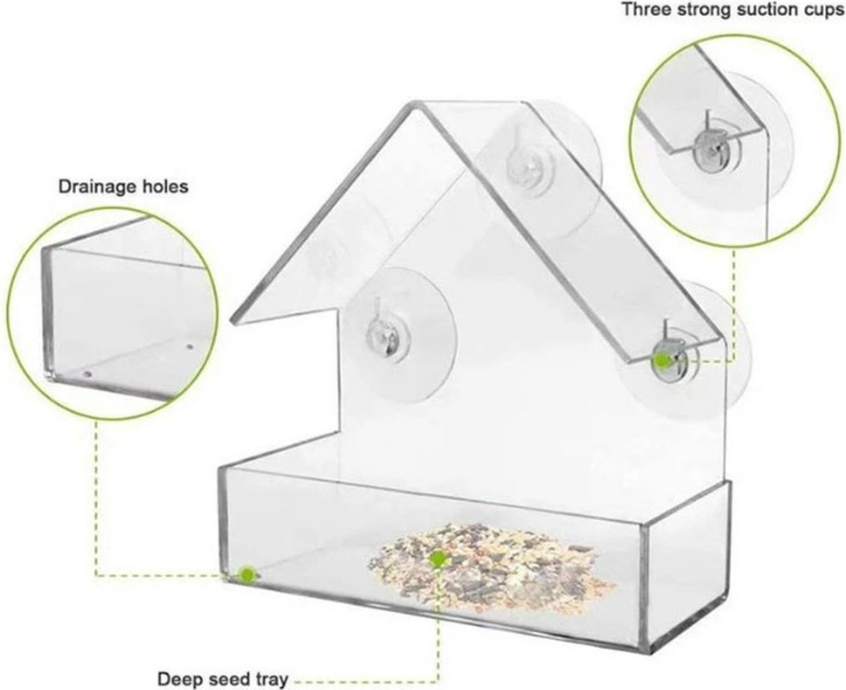 Raamvoederhuisje Voor Vogels – 15x15 Cm – Transparant Met Zuignappen – Makkelijk Te Monteren – Ideaal Om Vogels Van Dichtbij Te Bekijken – Vogelvoederstation Voor Buiten