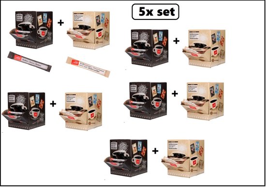 Foto: 5x dispenser box set 200x creamersticks 200x suikersticks koffie melk suiker thee melkpoeder suiker zakjes carnaval kantine festival thema feest