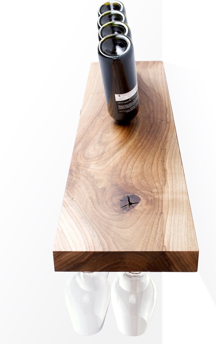 Tu Las™ Massief houten wijnflessen houder inclusief wijnglazen en champagneglazen houder - 94 x 22 x 4 cm - Zwevende wijnflessen houder - Muur bevestiging - Walnoot hout — cadeau in Wonen & Interieur - foto 3