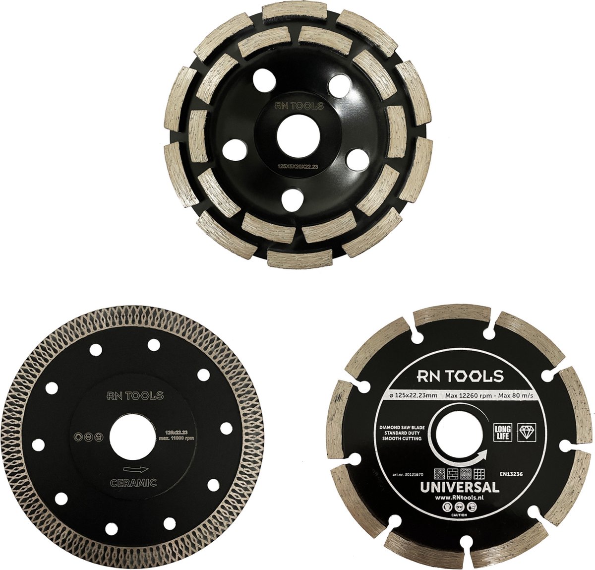 RNtools Diamantschijven 3-delig - 125 x 22.23 mm - bestaande uit Diamantschijf Universeel, Tegels en Diamant Komschijf Dubbele Rij