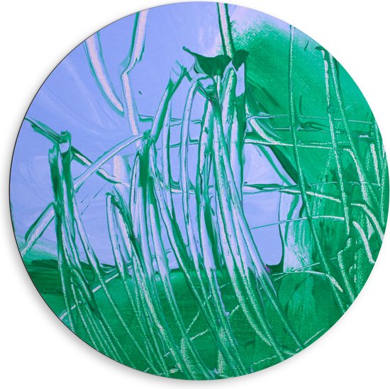 Dibond Muurcirkel - Groen met Blauwe Verf op Doek - 80x80 cm Foto op Aluminium Muurcirkel (met ophangsysteem)